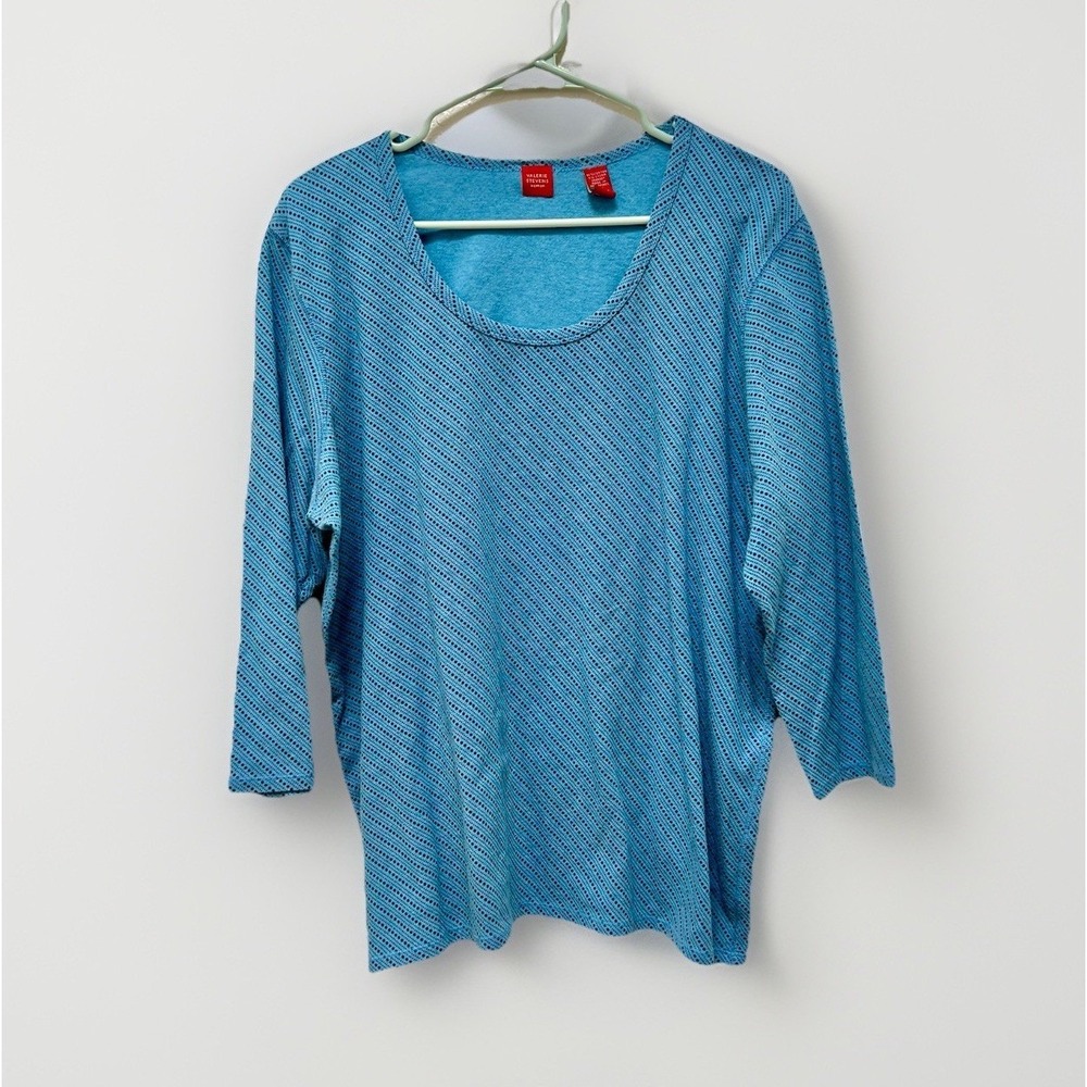 Valerie Stevens Woman Blue Patterned Top Plus Size 1X VTG Stretch 90s Casual